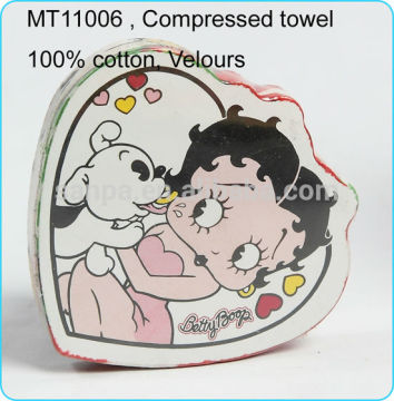 Printed Heart shape 100% Cotton Compressed Towel , Magic Towel