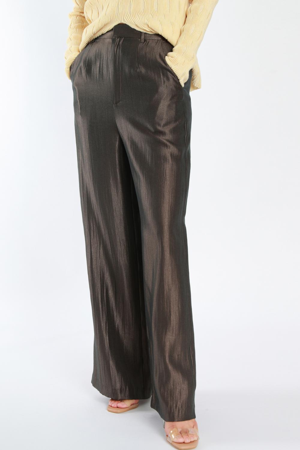 Women's Brown And Grey Woven Wide-Leg Trousers