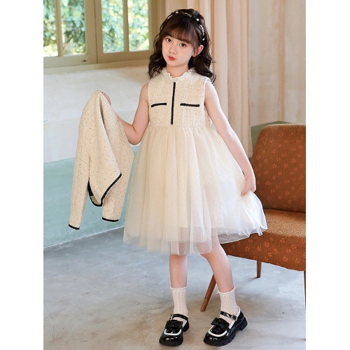Autumn and Winter Girls Princess Dress Mesh Vest Dress Set