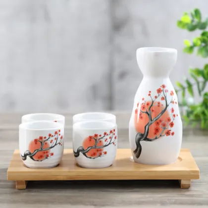 Japanese Ceramic Sake Set with Bamboo Tray
