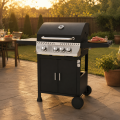 Parrilla de barbacoa de gas propano premium de 4 quemadores con panel de control de acero inoxidable y 3 ganchos para herramientas en estantes laterales