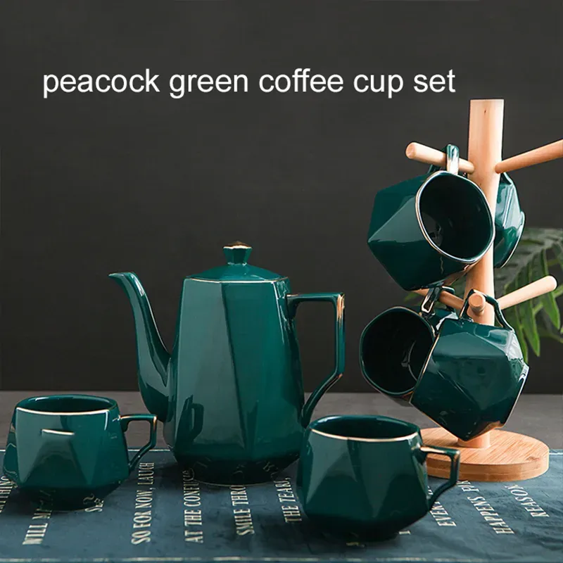 Vintage Gold-Rimmed Peacock Green Coffee Set