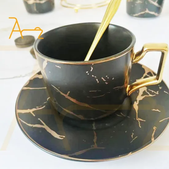 Personalized Porcelain Tea Cups, Ceramic Coffee Mugs with Custom Logo: Wholesale Set including Black Marble Gold Handle Mug, Saucer, and Spoon