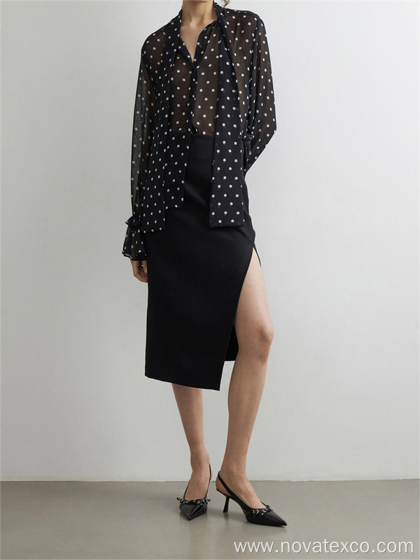 Black Polka Dot Lace Up Crepe Shirt