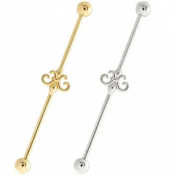 14k Gold Industrial Barbell with Fleur-de-Lis Charm