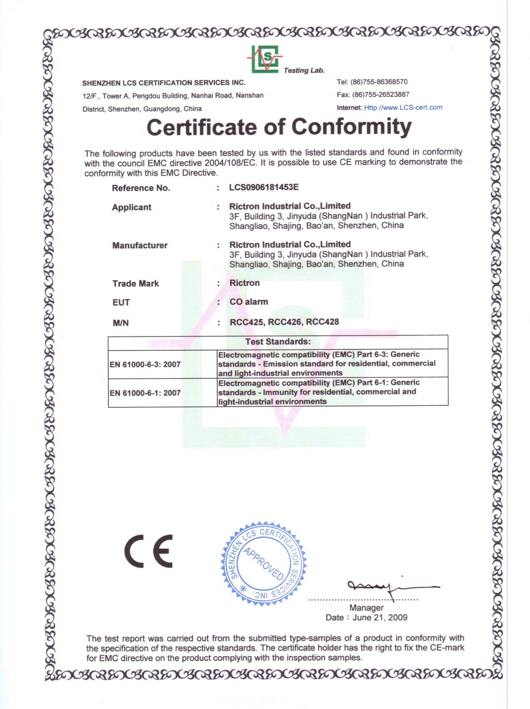 CE for RCC426 (EMC)