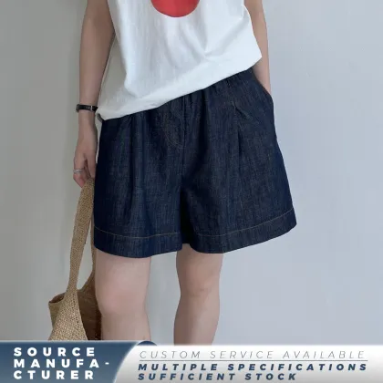 Women Elastic Waist Dark Raw Denim Shorts