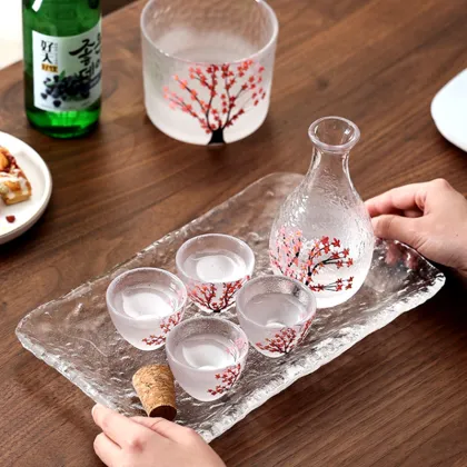 Hammerhead Frosted Sakura Sake Flask Set with Plum Wine Glasses - Wholesale