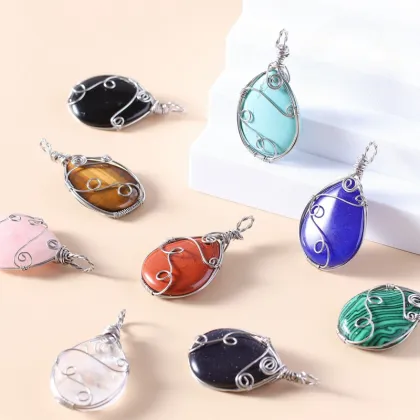 Black Obsidian 25x35MM Teardrop Wrapped Steel Wire Stone Pendant (28X50MM)