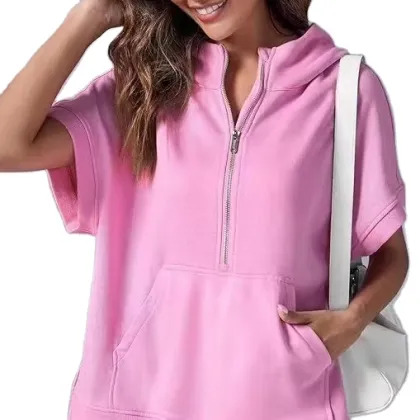 Spring New Solid Color Casual Short-Sleeved Hooded Sweatshirt OEM