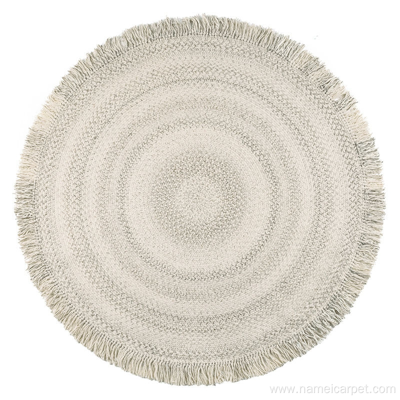 Beige Wool fendi round area rug with tassels