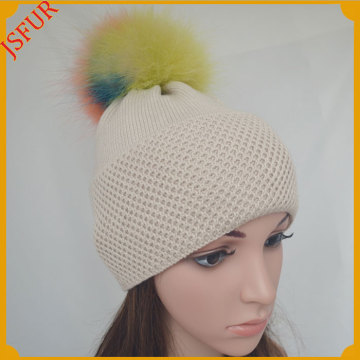 Jsfur Wholesale Beanie Cotton Raccoon Fur Ball Women Hat For Winter