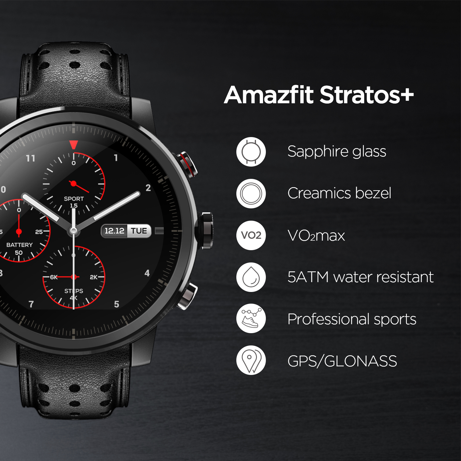 In Stock Amazfit Stratos+ Flagship Smart Watch Genuine Leather Strap Sapphire Glass Flourorubber Strap for Android Phone