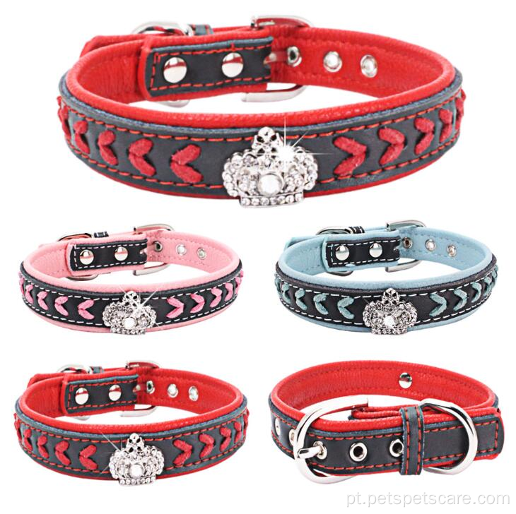 Fashion Rhinestone Crown Rivet Designers Gollar de cachorro de couro