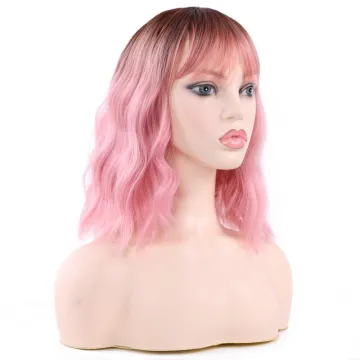 Synthetic Hair Short Bob Wigs Natural Wavy Style with Bangs Fringe Skin Scalp Natural Hairline Shoulder Length