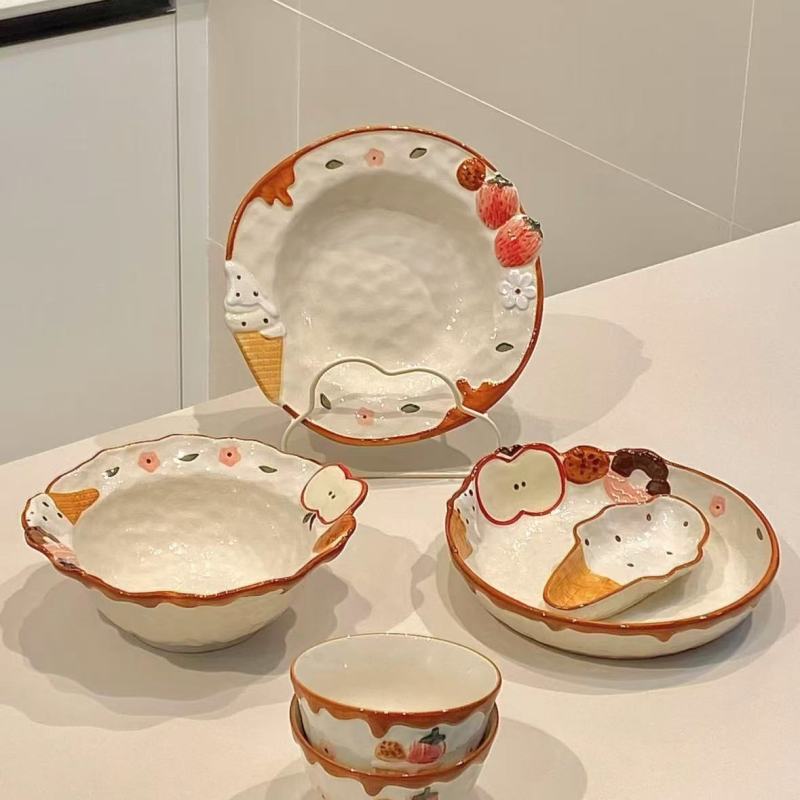 Sweet Strawberry Ceramic Dinnerware with 3D Decorations