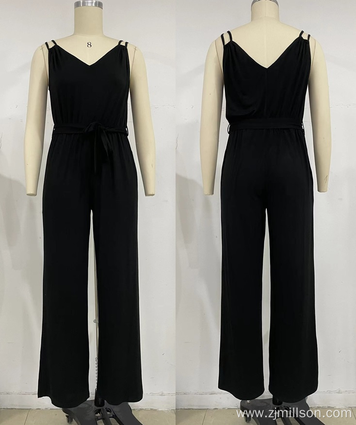 Suspended V Neck Waist Strap Straight Tube Jumpsuit