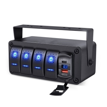 6 Gang Rocker Switch Box with USB Charger, Voltmeter, and Waterproof Design