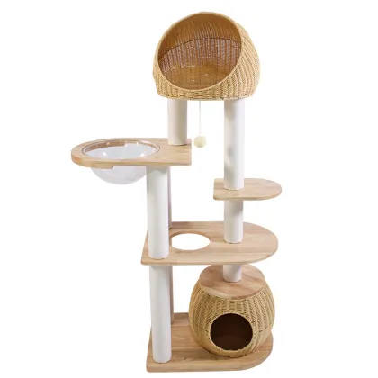 Solid Wood Rattan Cat Tree with Condo