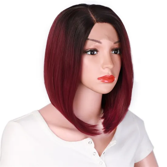 Vigorous Burgundy Lace Front Wigs Synthetic Short Bob Wig Black Root to Red Ombre Wig with Deep Side Parting Heat Resistant
