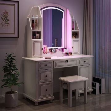 Phoenix Modern White Vanity Desk Set with Lighted Sliding Mirror & 3 Color LED for Bedroom