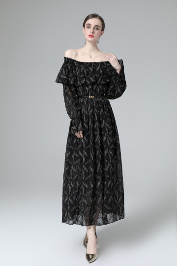 Long Sleeve Offshoulder Floral Printed Dress With Belt