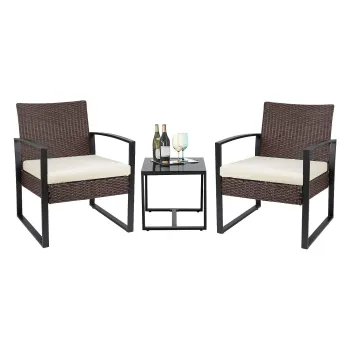 3 Piece Bistro Patio Furniture Set - Outdoor Wicker Rattan Garden Sofa with Cushion