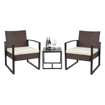 3 Piece Bistro Patio Furniture Set - Outdoor Wicker Rattan Garden Sofa with Cushion