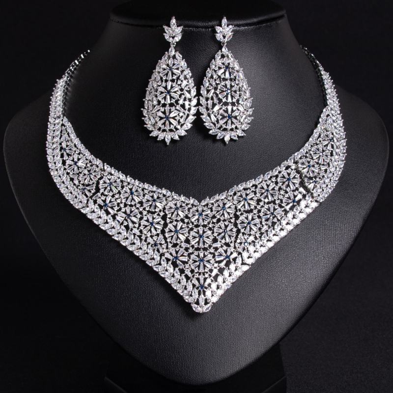 Floral Teardrop Bib Bridal CZ Jewelry Set
