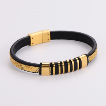 China Manufacturer Offers 18K Gold Plated Stainless Steel Mesh Belt and Flat Leather Men's Bracelet