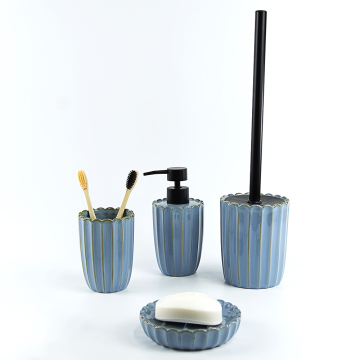 Mediterranean-Inspired Blue Ribbed Ceramic Bathroom Organizer Set