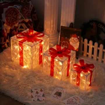 LED Foldable Christmas Gift Boxes Set - 3 Lighted Gift Box Decorations