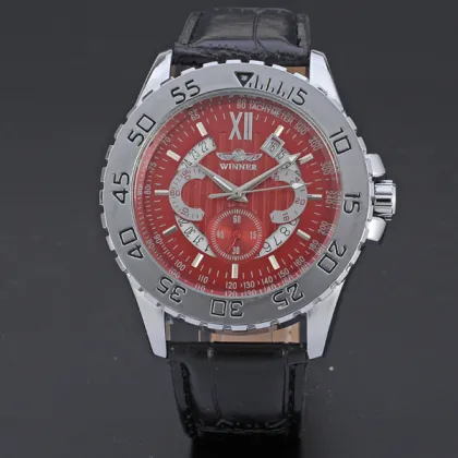 multi function winner watch with leather band