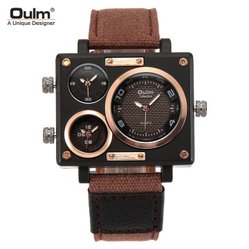 Oulm 3595 Large Dial Multi-Time Zone Square Men's Watch with Canvas Strap - Popular Men's Accessory