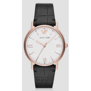 Conjunto de relojes para parejas Caja de acero inoxidable en oro rosa Correa de cuero con relieve de cocodrilo negro Reloj de pulsera de cuarzo con esfera blanca minimalista para él