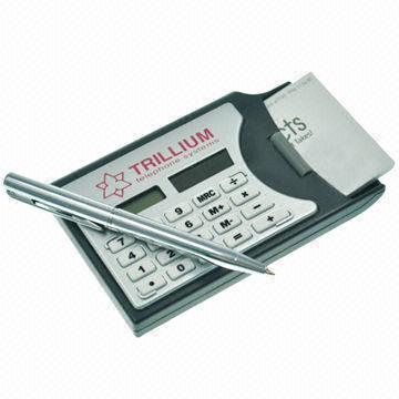 Business card holder, with calculator and ball pen