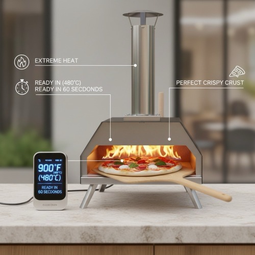 Práctico horno de pizza portátil con diseño de fuego de leña