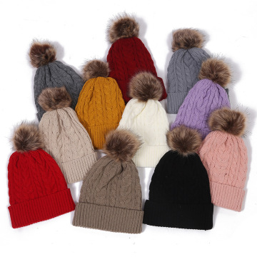 Winter Warm Wool Knit Fur Pom-Pom Beanies Hats with Custom Logo