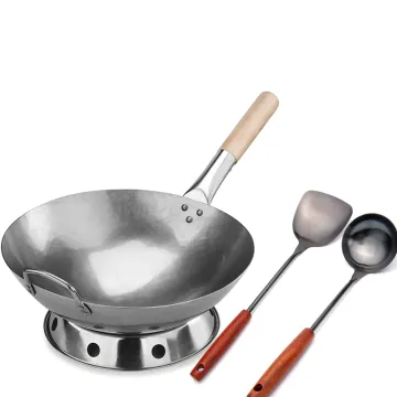 Hand Hammered Carbon Steel Wok Set with Wok Spatula, Spoon, and Lid