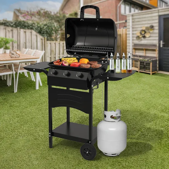 Outdoor Garden Natural Gas Bbq Grill 3 Burner Propane Gas Barbecue Grill With Two Wheels