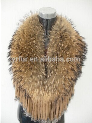 YR279 Detachable Fur Collar Genuine Raccoon Fur Collar With Rabbit Fur Tassel