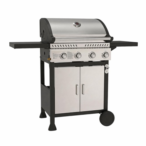Parrilla de barbacoa de gas propano líquido de lujo con 4 quemadores, gabinete de doble puerta de acero inoxidable y 2 ruedas todoterreno