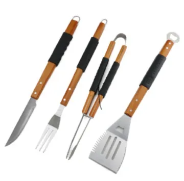 Outdoor Camping BBQ Combination Tool Stainless Steel Wooden Handle Fork Tongs Barbecue Tool Set