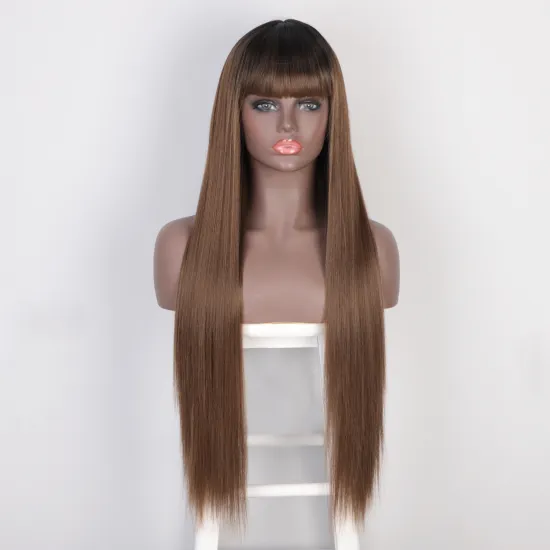 Aisi Hair Cheap Wholesale Vendor Long Straight Natural Wave Ombre Brown Wig With Bangs For Black Women Synthetic Hair Wigs