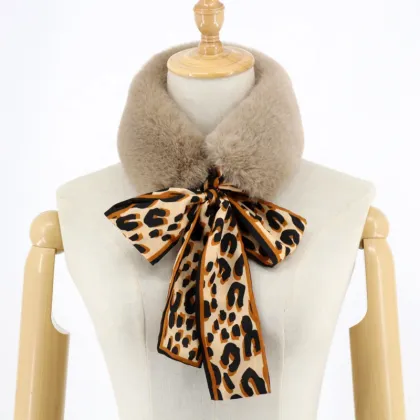 Winter Leopard Printed Streamers Silk Scarf Women Soft Faux Rabbit Fur Collar Scarves Shawls Elegant Fashion Women Scarf
