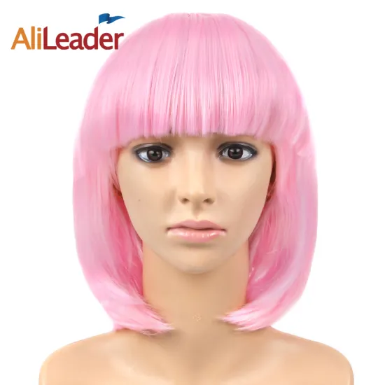 AliLeader Hair Wholesale Short Straight Pink Bob Wigs With Neat Bang Synthetic Hair Cosplay Bob Wigs
