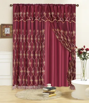 2PCS Double Layer Embroidery Curtain with Valance for Living Room and Bedroom