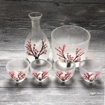 Hammerhead Frosted Sakura Sake Flask Set with Plum Wine Glasses - Wholesale