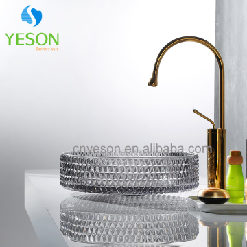 Bathroom Crystal Blue Round Wash Basin with Tempered Glass and Waterfall Faucet