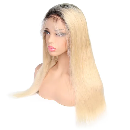 Pre Plucked 100% Human Virgin Hair Blond 1B 613 Blonde Silk Top Lace Front Wig Dark Roots